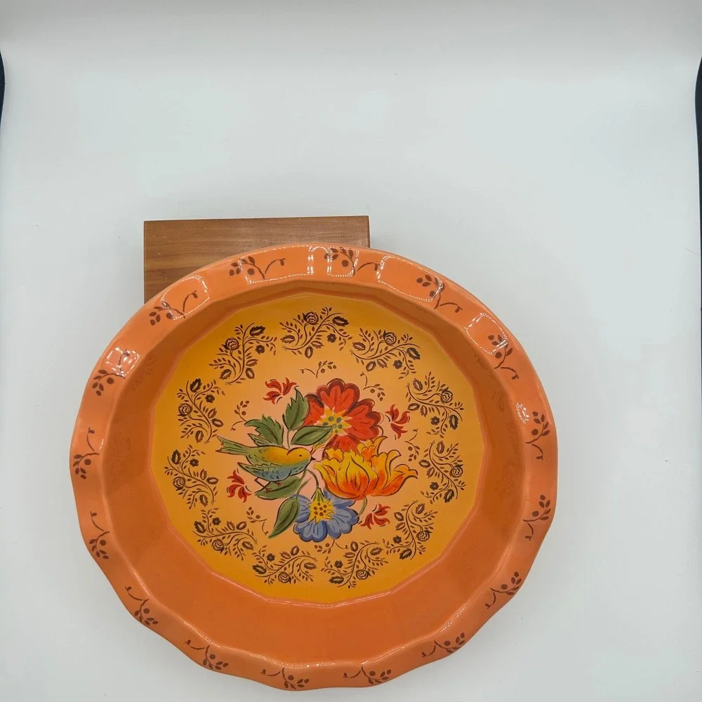 Orange Floral Bird Ceramic Posy Pie Plate Scalloped Edge 10.5 Inch Bakeware